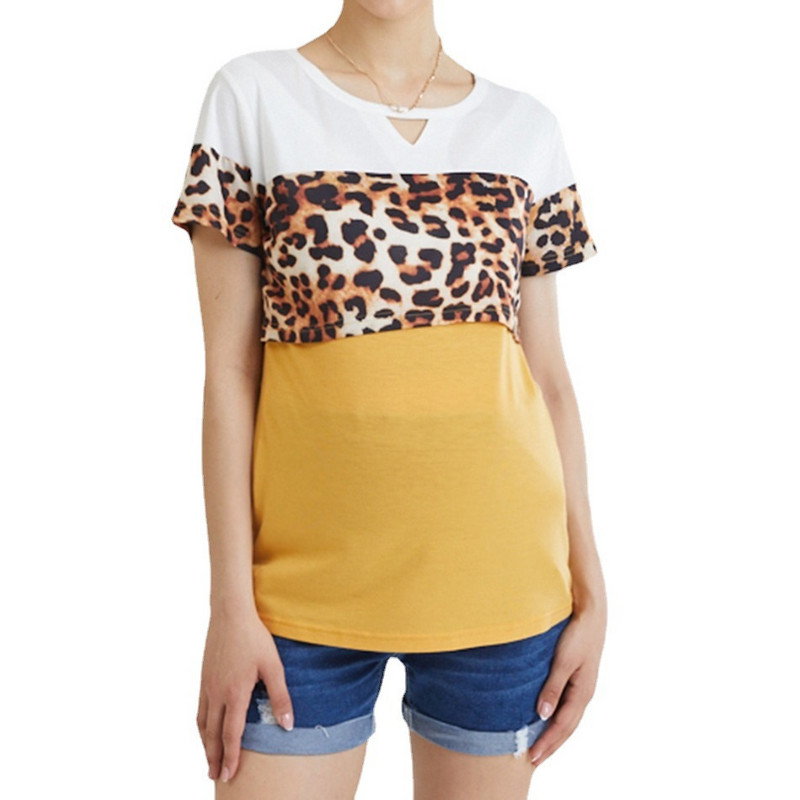 Kismama leopárdmintás varrással ellátott ruhák Kismama felsők Alkalmi ápolóruhák Rövid ujjú kerek nyakú szoptatós pólók
