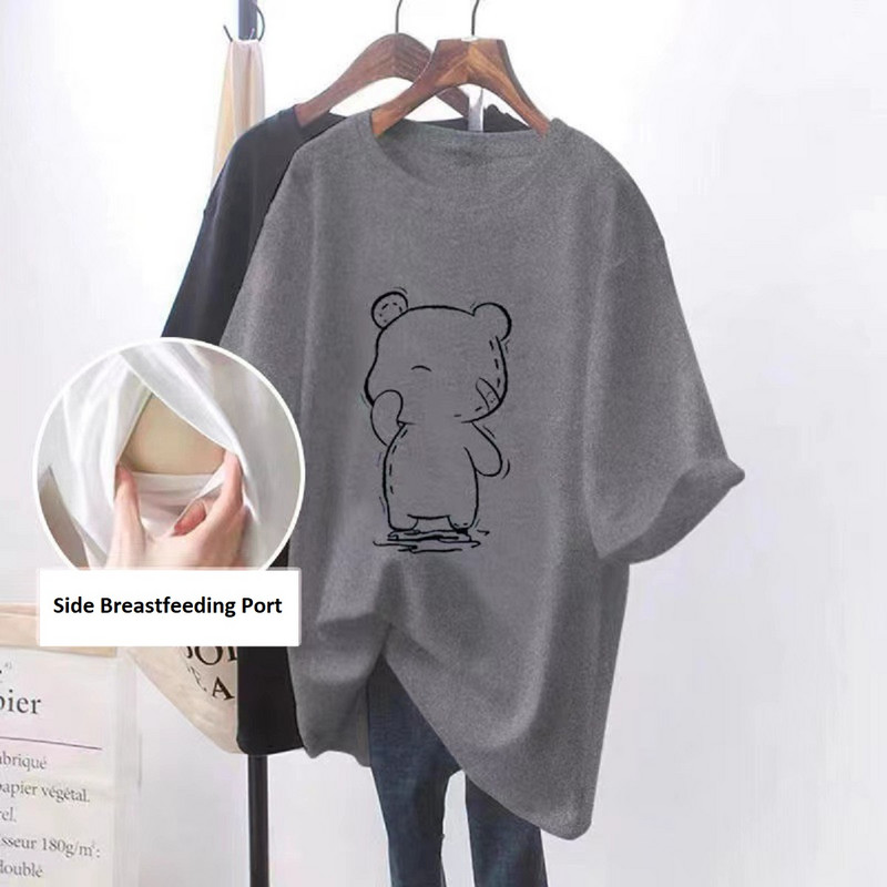 Grūtnieču drēbes ar īsām piedurknēm, barojot bērnu ar krūti.