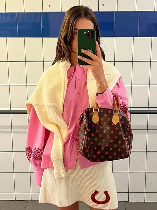 Moeprinteriga nukukraega särgid, naiste vabaaja vaba üherealised, pikkade laternatega varrukatega pluusid 2024. aasta kevadsuvi naiste roosa topp