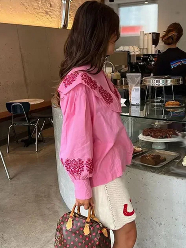 Moeprinteriga nukukraega särgid, naiste vabaaja vaba üherealised, pikkade laternatega varrukatega pluusid 2024. aasta kevadsuvi naiste roosa topp