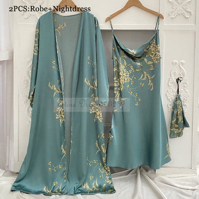 Neljaosaline pidžaamakomplekt, trükitud väike kirssidega magamisriided, naiste satiinist öösärgid ja lühikesed püksid, suvised koduriided