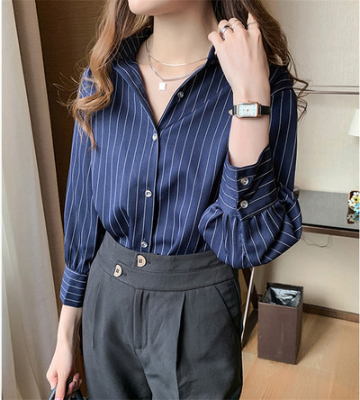 PLAZSON Klasične prugaste košulje za žene Proljeće Jesen Jednoredno kopčanje Kardigan bluza dugih rukava Modna uredska majica