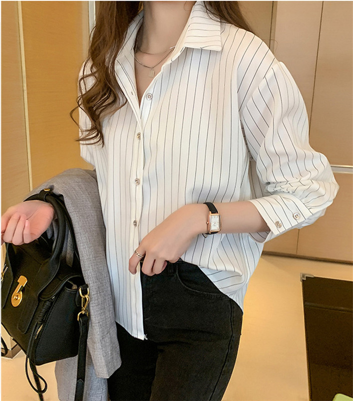 PLAZSON Klasične prugaste košulje za žene Proljeće Jesen Jednoredno kopčanje Kardigan bluza dugih rukava Modna uredska majica