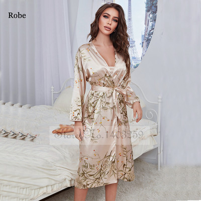 Elegantne mustriga lilleline 4 tk pidžaamakomplekt naiste vabaaja kimono hommikumantli kleit Seksikas siidine rayon magamisriided Öösärk lahtised koduriided