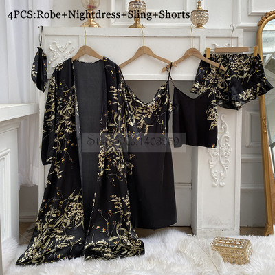 Elegantne mustriga lilleline 4 tk pidžaamakomplekt naiste vabaaja kimono hommikumantli kleit Seksikas siidine rayon magamisriided Öösärk lahtised koduriided