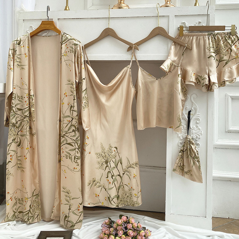 Elegantne mustriga lilleline 4 tk pidžaamakomplekt naiste vabaaja kimono hommikumantli kleit Seksikas siidine rayon magamisriided Öösärk lahtised koduriided