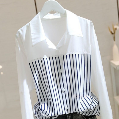 2023 tavaszi és őszi női új, csíkos toldású dizájn, tapintású kis blúz, laza, vékony, alkalmi, kényelmes fehér ing