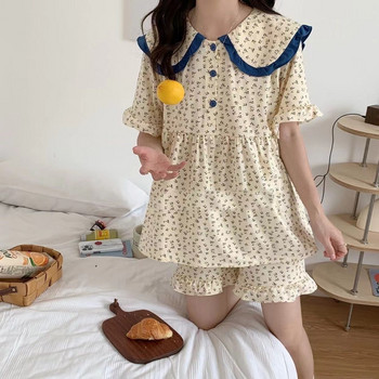 Salior Collar Sleepwear Γυναικεία Σετ Πυτζάμες Κορεάτικο κοντομάνικο Piiama Καλοκαιρινό Σετ 2 τεμαχίων Floral Night Wear Σπίτι ύπνου