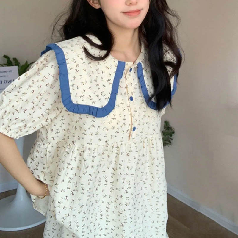 Salior gallér hálóruha női pizsama szettek koreai rövid ujjú piiama nyári szett 2 részes virágos éjszakai viselet otthoni hálóruha