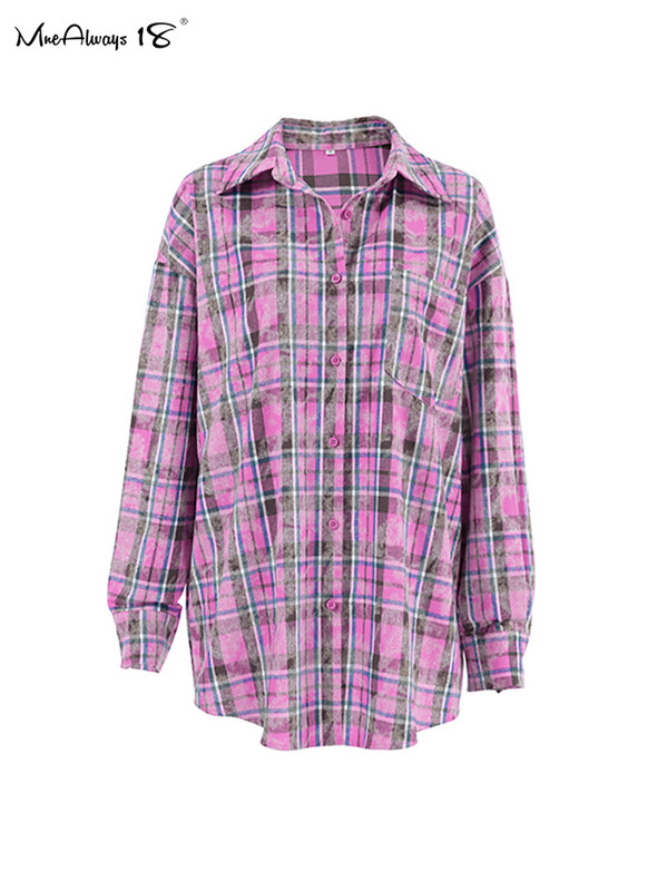 Mnealways18 Ružičaste prevelike karirane bluze za žene Street Style džepovi Ležerne karirane košulje Proljeće ljeto Modne ženske majice