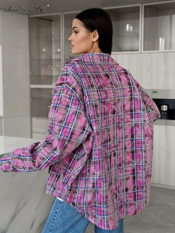 Mnealways18 Ružičaste prevelike karirane bluze za žene Street Style džepovi Ležerne karirane košulje Proljeće ljeto Modne ženske majice