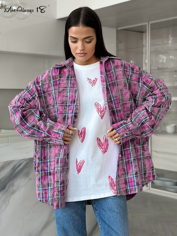 Mnealways18 Ružičaste prevelike karirane bluze za žene Street Style džepovi Ležerne karirane košulje Proljeće ljeto Modne ženske majice