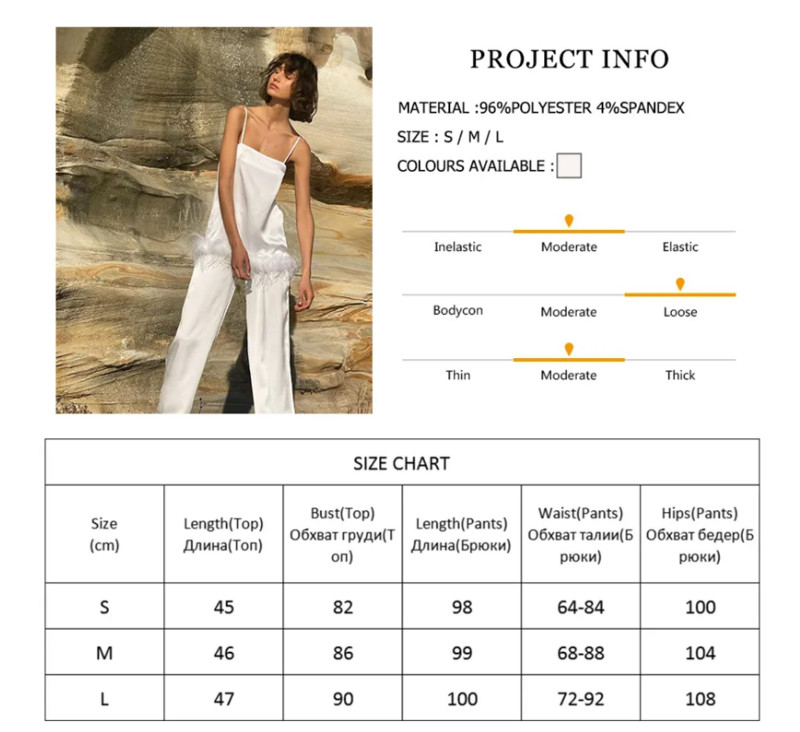 Chic satenska pidžama s perjem Odjeća za spavanje Ženski kompleti s hlačama Crna naramenica Kućno odijelo Bijelo odijelo s hlačama 2022.