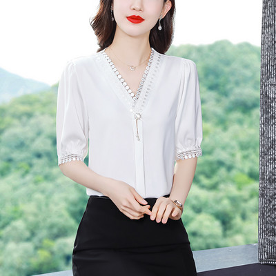 Sieviešu Pavasara Vasaras Blūzes Krekli Dāmu Mode Ikdienišķs Puspiedurkņu V veida kakla Apkakle Vienkrāsaina Blusas Topi CT0206