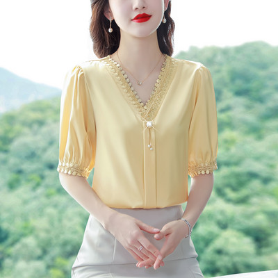 Sieviešu Pavasara Vasaras Blūzes Krekli Dāmu Mode Ikdienišķs Puspiedurkņu V veida kakla Apkakle Vienkrāsaina Blusas Topi CT0206