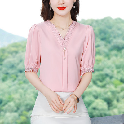 Sieviešu Pavasara Vasaras Blūzes Krekli Dāmu Mode Ikdienišķs Puspiedurkņu V veida kakla Apkakle Vienkrāsaina Blusas Topi CT0206