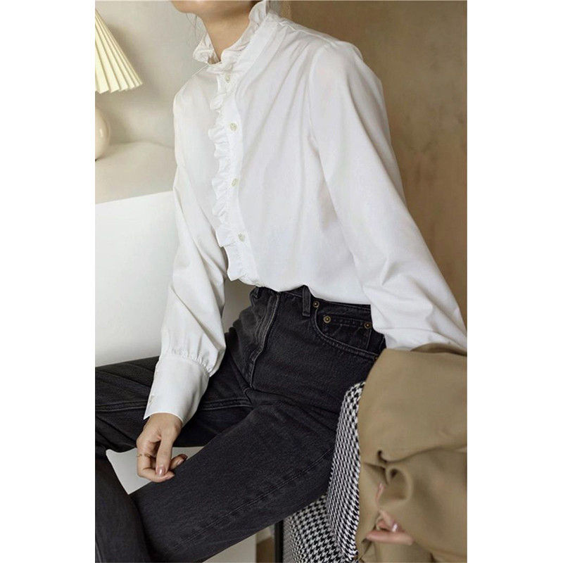 MEXZT Eleganti, balti krekli Sieviešu vintage volāni ar garām piedurknēm blūzes Biroja dāmu korejiešu vienrindu ikdienišķs, visi spēles topi