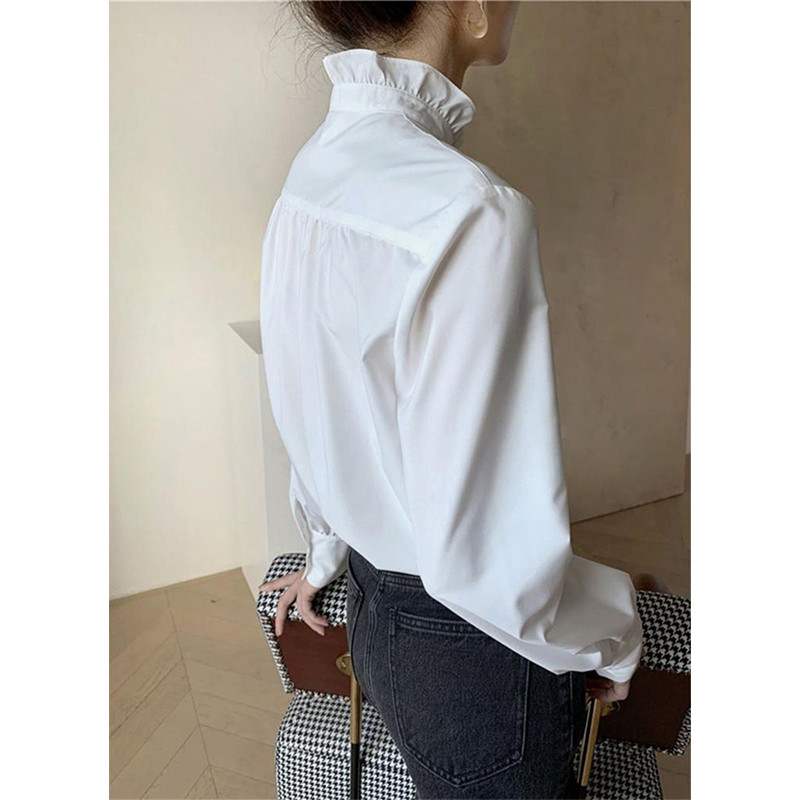 MEXZT Eleganti, balti krekli Sieviešu vintage volāni ar garām piedurknēm blūzes Biroja dāmu korejiešu vienrindu ikdienišķs, visi spēles topi