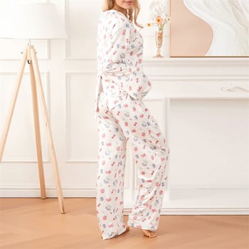 Γυναικεία Sleepwear Loungewear Loose 2 τεμαχίων με στάμπα Sweet μακρυμάνικο πουκάμισο με λαιμόκοψη μπλούζες και ελαστικό παντελόνι μέσης σετ πιτζάμες