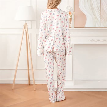 Γυναικεία Sleepwear Loungewear Loose 2 τεμαχίων με στάμπα Sweet μακρυμάνικο πουκάμισο με λαιμόκοψη μπλούζες και ελαστικό παντελόνι μέσης σετ πιτζάμες