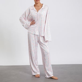 Γυναικεία Sleepwear Loungewear Loose 2 τεμαχίων με στάμπα Sweet μακρυμάνικο πουκάμισο με λαιμόκοψη μπλούζες και ελαστικό παντελόνι μέσης σετ πιτζάμες