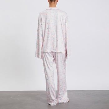 Γυναικεία Sleepwear Loungewear Loose 2 τεμαχίων με στάμπα Sweet μακρυμάνικο πουκάμισο με λαιμόκοψη μπλούζες και ελαστικό παντελόνι μέσης σετ πιτζάμες