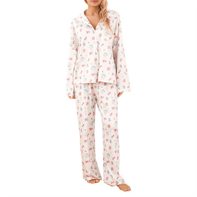 Γυναικεία Sleepwear Loungewear Loose 2 τεμαχίων με στάμπα Sweet μακρυμάνικο πουκάμισο με λαιμόκοψη μπλούζες και ελαστικό παντελόνι μέσης σετ πιτζάμες