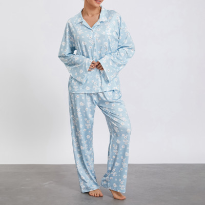 Γυναικεία Sleepwear Loungewear Loose 2 τεμαχίων με στάμπα Sweet μακρυμάνικο πουκάμισο με λαιμόκοψη μπλούζες και ελαστικό παντελόνι μέσης σετ πιτζάμες