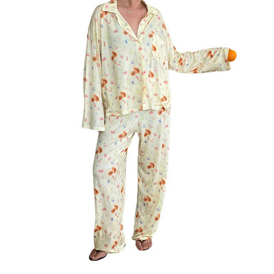 Γυναικεία Sleepwear Loungewear Loose 2 τεμαχίων με στάμπα Sweet μακρυμάνικο πουκάμισο με λαιμόκοψη μπλούζες και ελαστικό παντελόνι μέσης σετ πιτζάμες