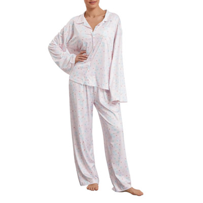 Γυναικεία Sleepwear Loungewear Loose 2 τεμαχίων με στάμπα Sweet μακρυμάνικο πουκάμισο με λαιμόκοψη μπλούζες και ελαστικό παντελόνι μέσης σετ πιτζάμες