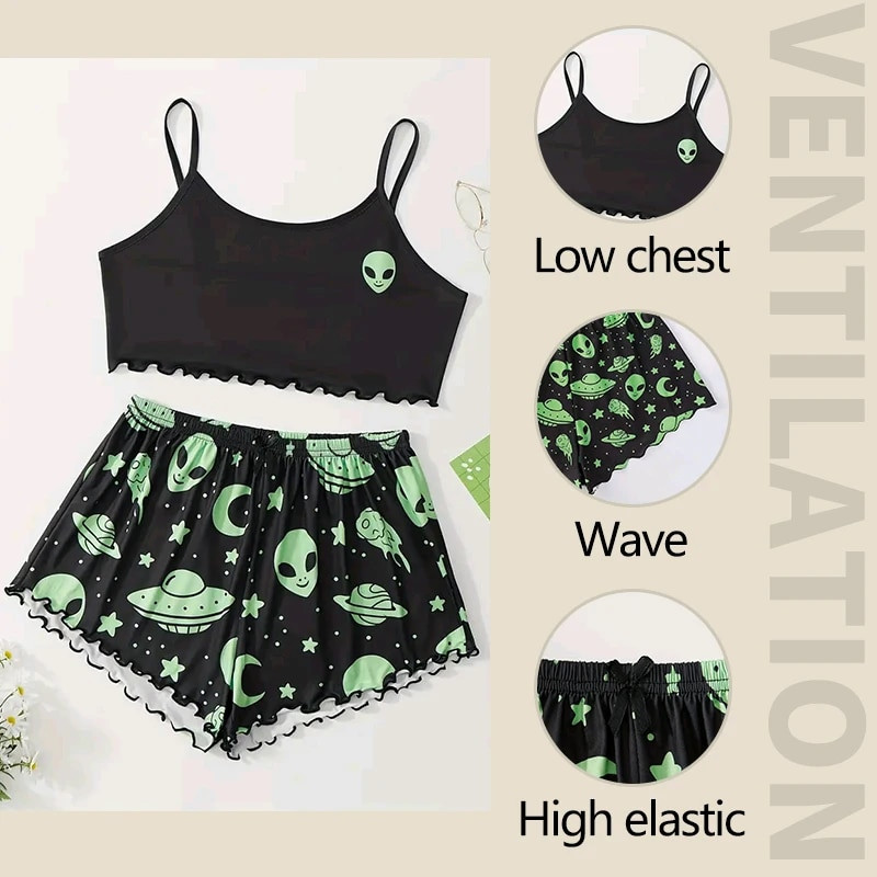 Naiste pidžaamad magamisriided pidžaamakomplekt Sport Camisole ja lühikesed püksid SML Must tähistaevas Multifilm Prindi Ventilate Casual