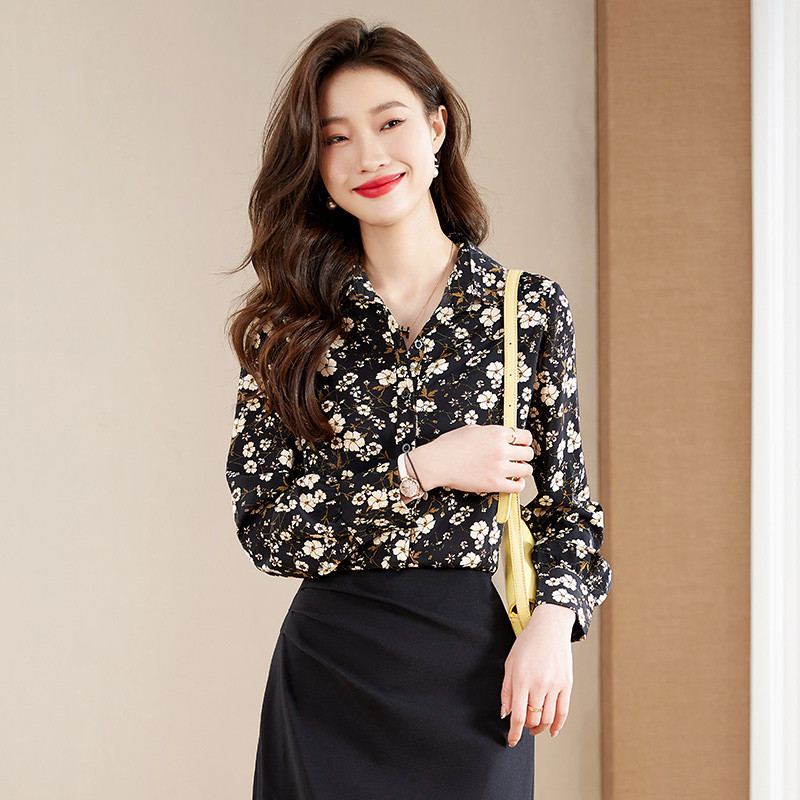 Cămașă cu decolteu în V cu imprimeu NAVIU pentru femei, primăvară toamnă 2023, noua modă, design temperat, bluze din șifon, pentru dama, pentru birou, negru