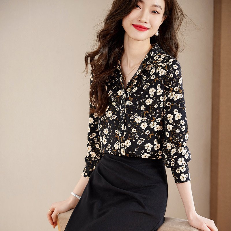 Cămașă cu decolteu în V cu imprimeu NAVIU pentru femei, primăvară toamnă 2023, noua modă, design temperat, bluze din șifon, pentru dama, pentru birou, negru
