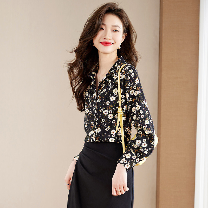Cămașă cu decolteu în V cu imprimeu NAVIU pentru femei, primăvară toamnă 2023, noua modă, design temperat, bluze din șifon, pentru dama, pentru birou, negru