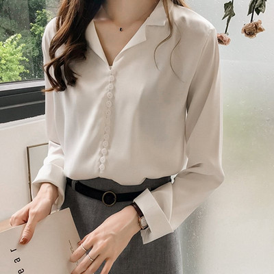 Sieviešu topi un blūzes 2023. gada modes baltā blūze ar garām piedurknēm Sieviešu ikdienišķa V kakla izgriezuma biroja sieviešu šifona krekls Sexy Blusas Mujer