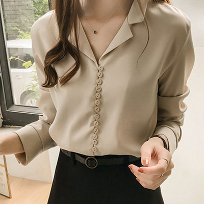 Sieviešu topi un blūzes 2023. gada modes baltā blūze ar garām piedurknēm Sieviešu ikdienišķa V kakla izgriezuma biroja sieviešu šifona krekls Sexy Blusas Mujer