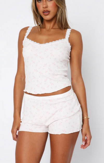 Nyári, női, 2 részes pizsama szett Ujjatlan csipke díszítésű Cami felsők Virágos rövidnadrág Hálóruha szettek Koreai elegáns pizsama otthoni öltöny