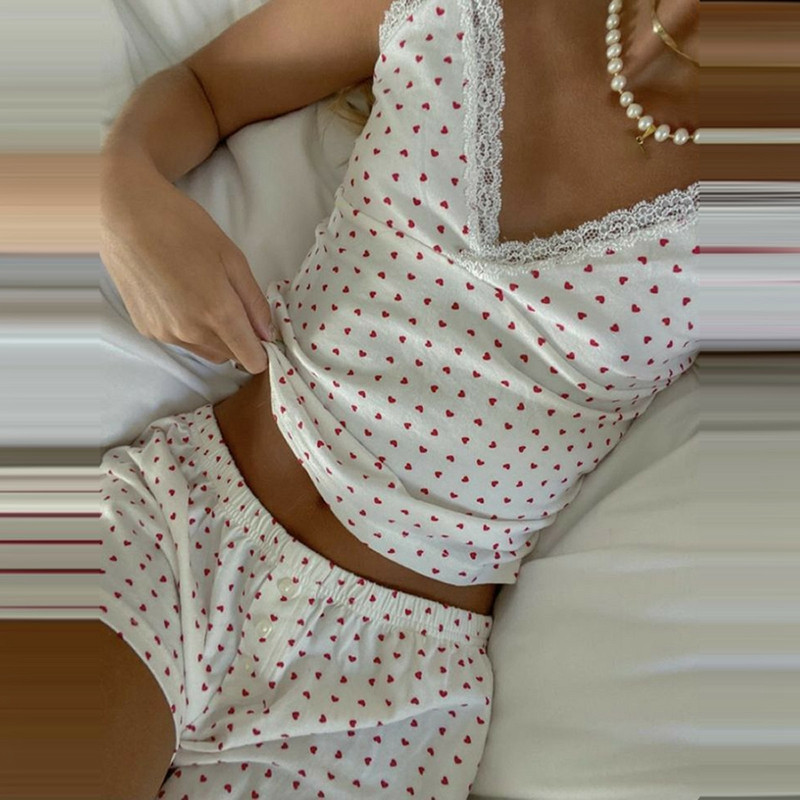 2 részes szett Női nappaliruha Aranyos, édes szív, csipke díszítésű V nyakú Cami felsők + alkalmi rövidnadrágok Ujjatlan Crop Tops Pizsama Háziruha