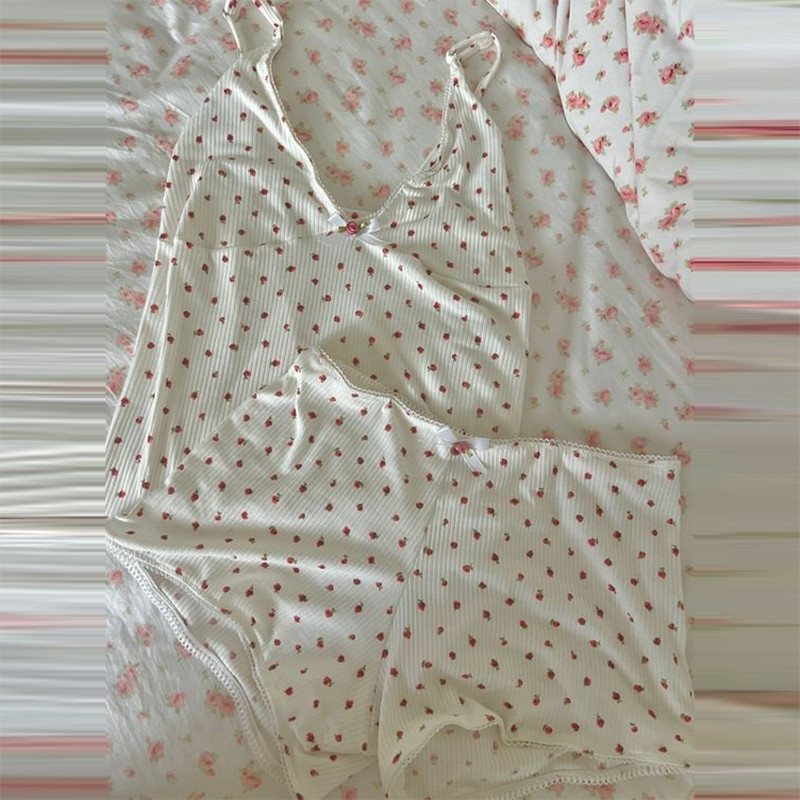 Sieviešu 2 daļīgs Y2k šortu komplekti bez piedurknēm, mežģīņu Cami tops un šorti ar ziedu apdruku, trikotāžas pidžamu komplekts, jauks apakšveļa, naktsveļa