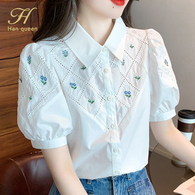 H Han Queen Summer White Tikandid Office Blusas Vintage Tops Sifoonpluusid Naiste lihtsad lühikeste varrukatega vabaaja särgid
