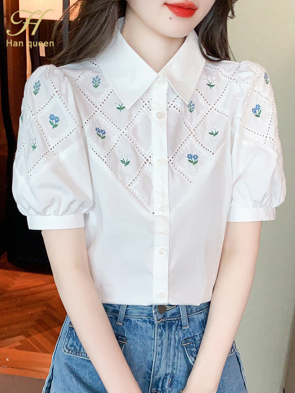 H Han Queen Summer White Tikandid Office Blusas Vintage Tops Sifoonpluusid Naiste lihtsad lühikeste varrukatega vabaaja särgid