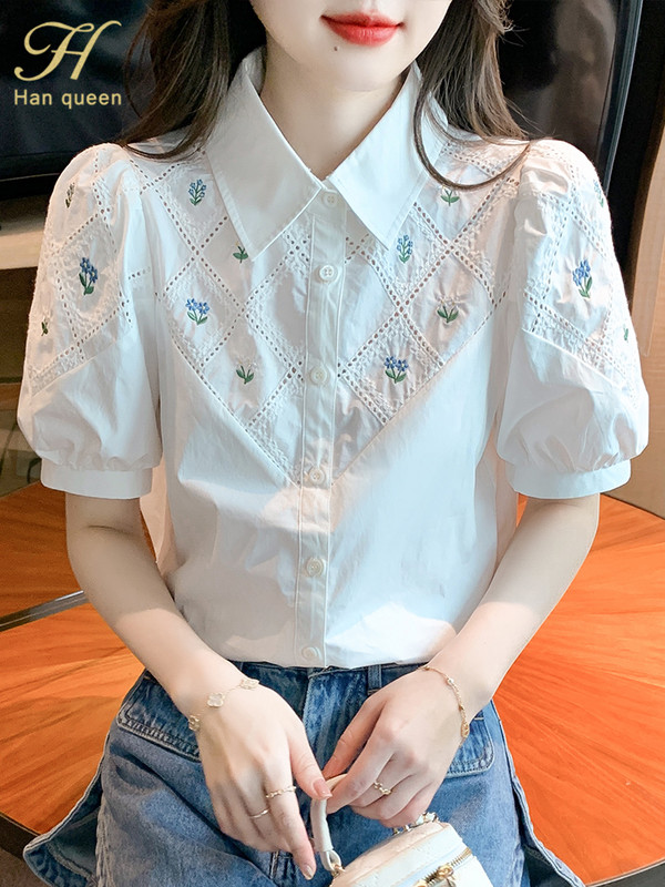 H Han Queen Summer White Tikandid Office Blusas Vintage Tops Sifoonpluusid Naiste lihtsad lühikeste varrukatega vabaaja särgid