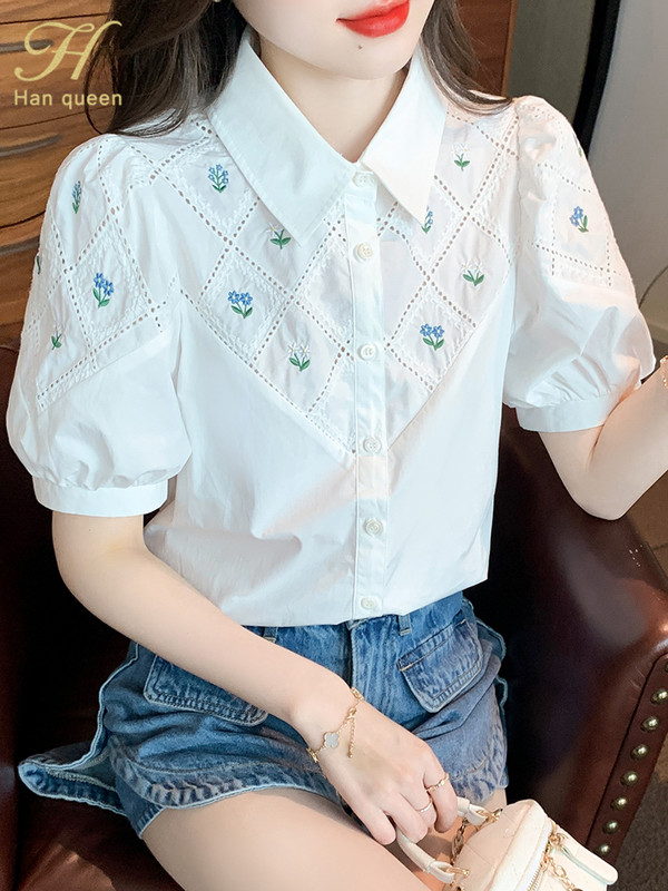 H Han Queen Summer White Tikandid Office Blusas Vintage Tops Sifoonpluusid Naiste lihtsad lühikeste varrukatega vabaaja särgid