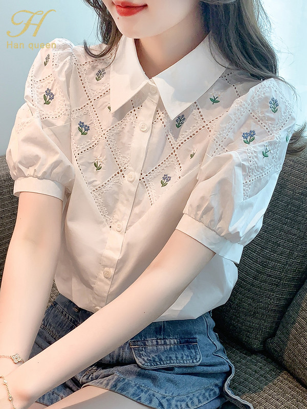 H Han Queen Summer White Tikandid Office Blusas Vintage Tops Sifoonpluusid Naiste lihtsad lühikeste varrukatega vabaaja särgid