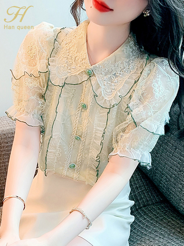 H Han Queen vasara Vienkārša biroja dāmu blūze sieviešu krekls mežģīņu topi Izšuvumi tamborēti ikdienas korejiešu stila brīvas blūzes sievietēm
