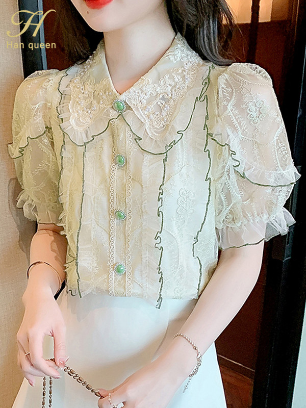 H Han Queen vasara Vienkārša biroja dāmu blūze sieviešu krekls mežģīņu topi Izšuvumi tamborēti ikdienas korejiešu stila brīvas blūzes sievietēm