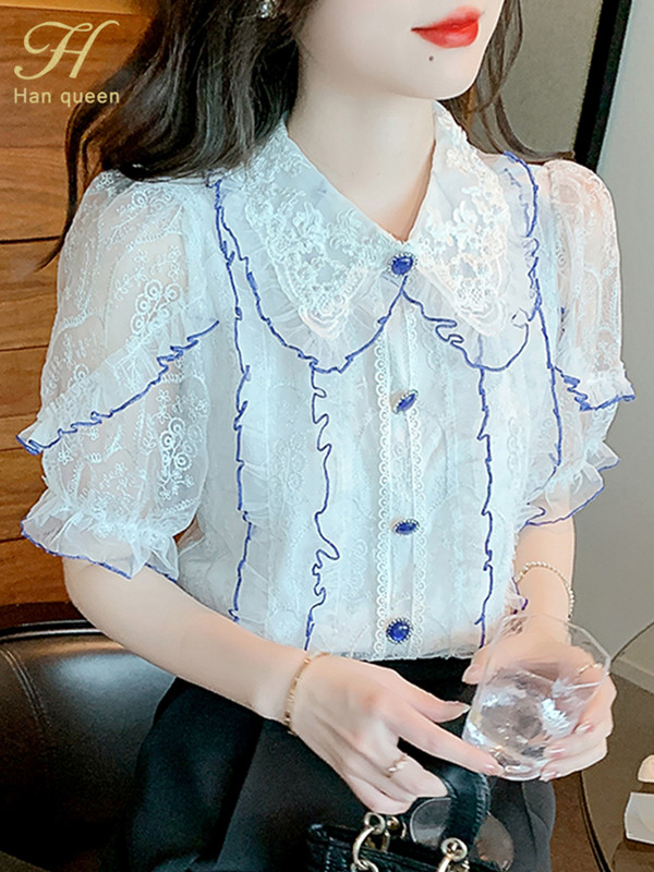 H Han Queen vasara Vienkārša biroja dāmu blūze sieviešu krekls mežģīņu topi Izšuvumi tamborēti ikdienas korejiešu stila brīvas blūzes sievietēm