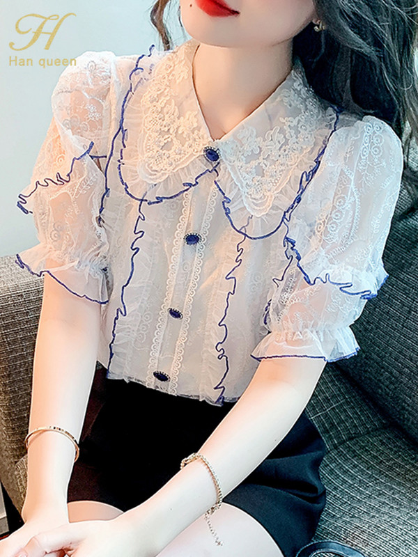 H Han Queen vasara Vienkārša biroja dāmu blūze sieviešu krekls mežģīņu topi Izšuvumi tamborēti ikdienas korejiešu stila brīvas blūzes sievietēm