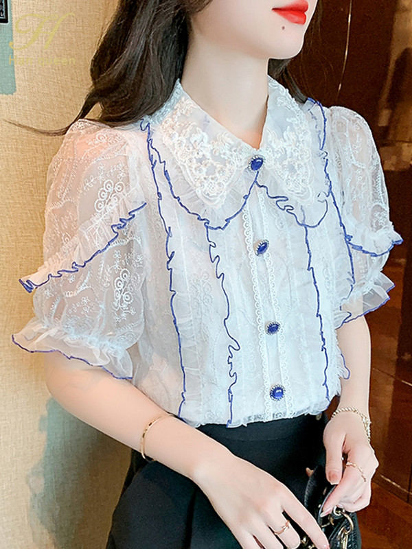 H Han Queen vasara Vienkārša biroja dāmu blūze sieviešu krekls mežģīņu topi Izšuvumi tamborēti ikdienas korejiešu stila brīvas blūzes sievietēm