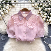 Neploe 2024 nyári új egysoros rózsaszín blúzok, 3D virágos, felfújható ujjú ingek női Y2k hajtókás nyakú, teljesen megfelelő Blusas Mujer